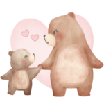 Ilustração em aquarela de mãe urso e filhote de mãos dadas com corações ao fundo, simbolizando o vínculo materno, o apego seguro e a conexão emocional na maternidade real.